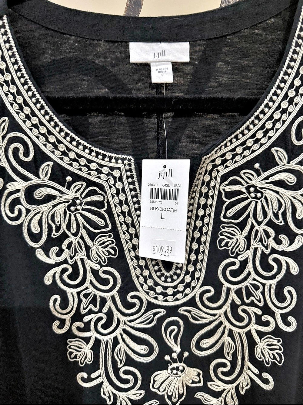 j jill Embroidered Split-Neck Shift Dress Black & White Large